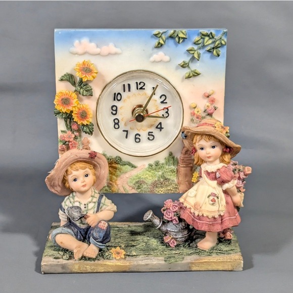 Other - Vintage Resin Garden Boy Girl Figurine Desk Clock Sunflower 3D Decor